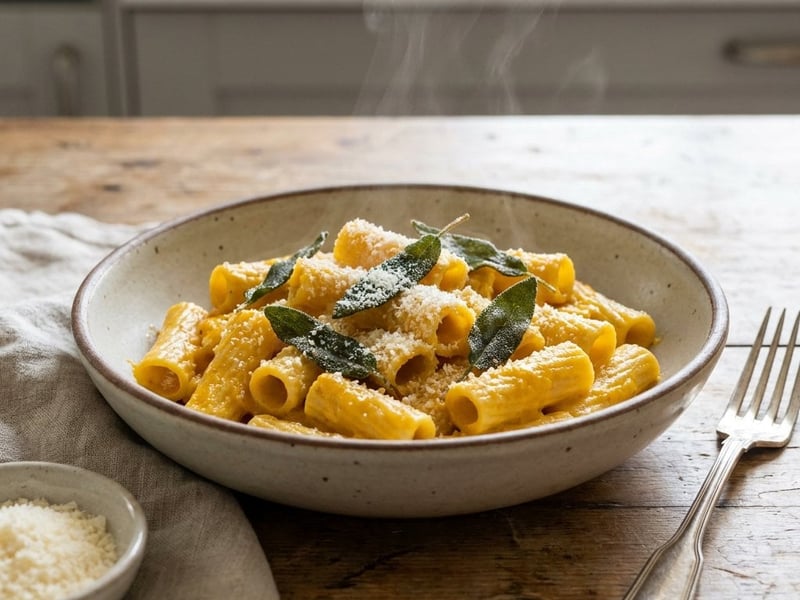 Rigatoni cu cremă de dovleac | Rețetă italiană de toamnă