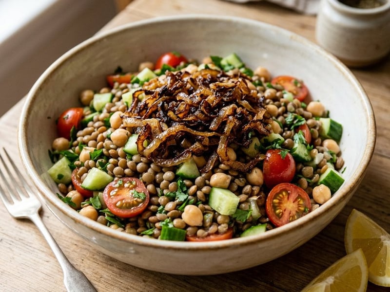 Salată Koshari cu linte și năut | Prânz oriental hrănitor