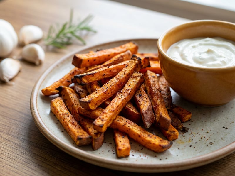 Crispy Baked Sweet Potatoes with Garlic Sauce
