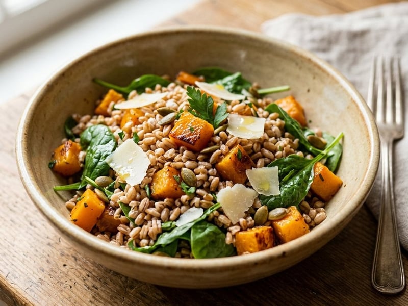 Salată caldă de farro cu dovleac copt | Prânz de toamnă