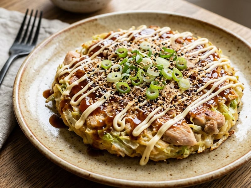 Okonomiyaki cu pui | Clătită japoneză street food