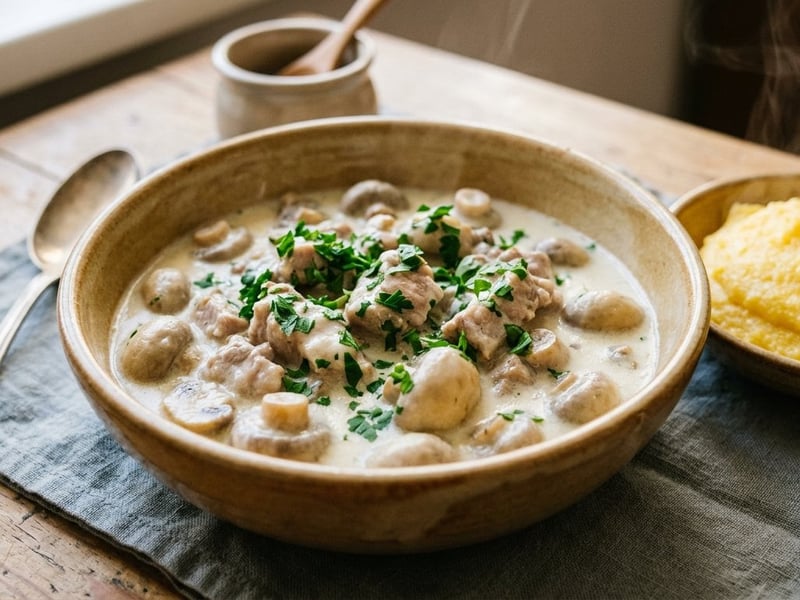Ciulama de porc cu ciuperci | Rețetă tradițională cremoasă