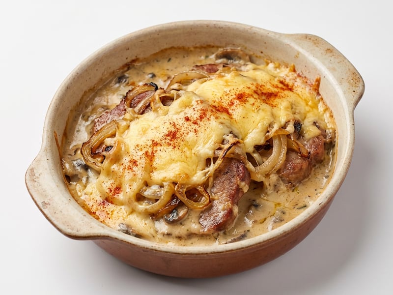 Oven-baked pork collar with cheese and cream