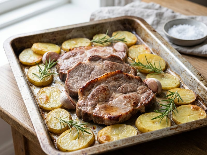 Ceafă de porc la cuptor cu cartofi, usturoi și rozmarin