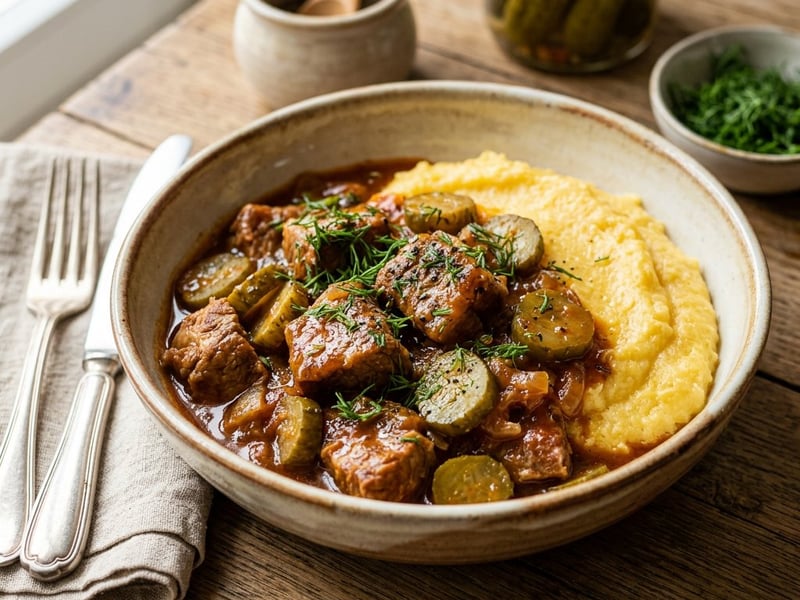 Mâncare de porc cu castraveți murați | Aromată și fragedă
