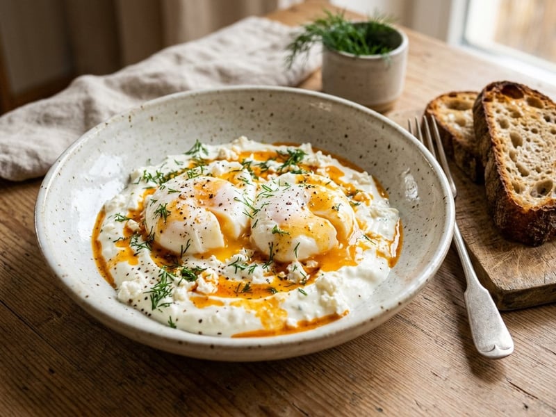 Poached Eggs with Sour Cream and Telemea | Traditional Brunch
