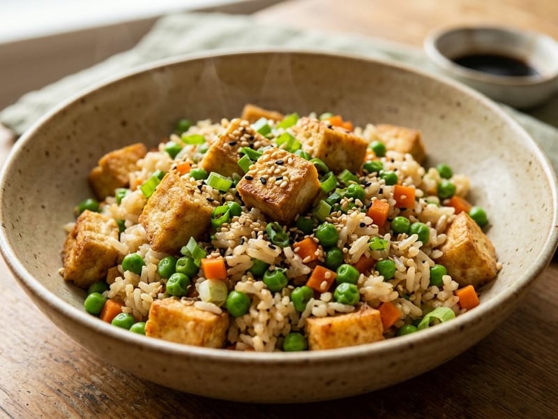 Orez prăjit cu tofu și legume crocante la wok