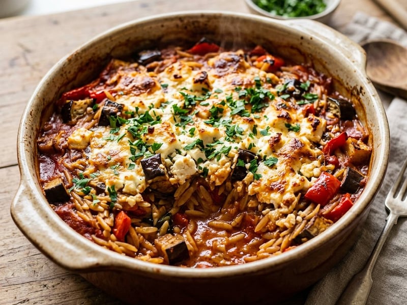 Baked Giouvetsi with Eggplant and Peppers | Greek Delight