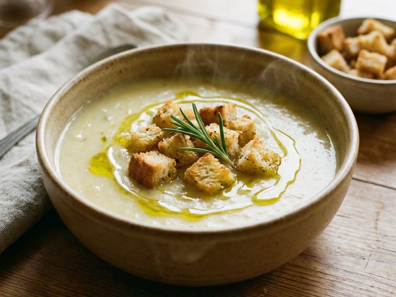 Creamy potato soup with rosemary and croutons