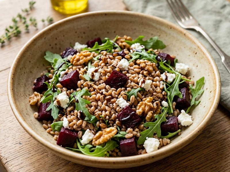 Salată toscană de farro cu sfeclă coptă și brânză de capră