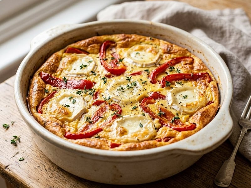 Clafoutis sărat cu ardei copți și brânză de capră