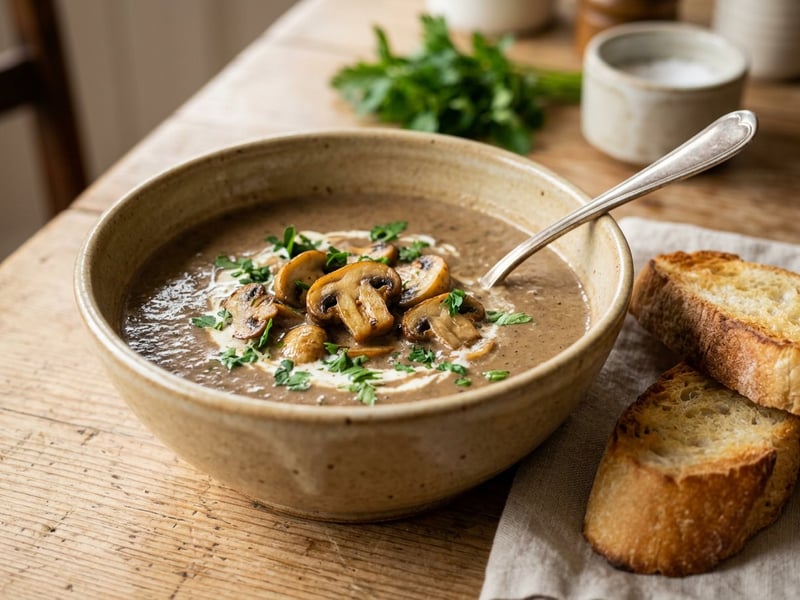 Cognac-Flambéed Mushroom Soup | French Sophistication