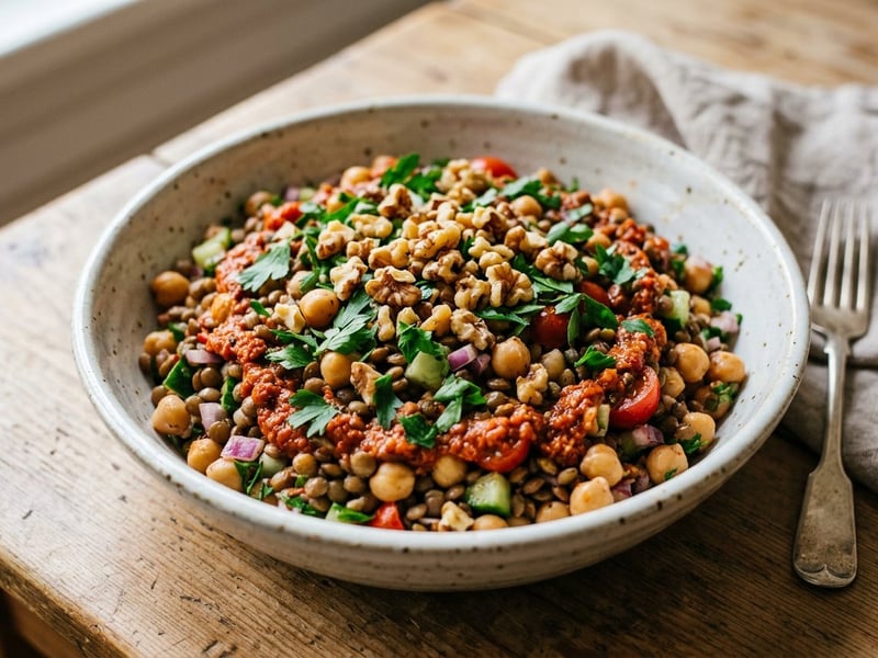 Salată de năut și linte cu Muhammara | Prânz oriental sățios
