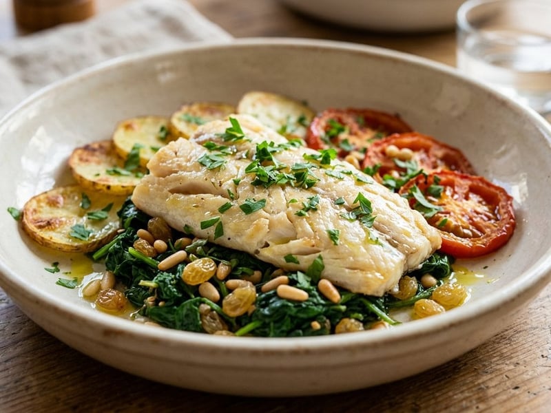 Peix a la mallorquina | Baked white fish with spinach and raisins