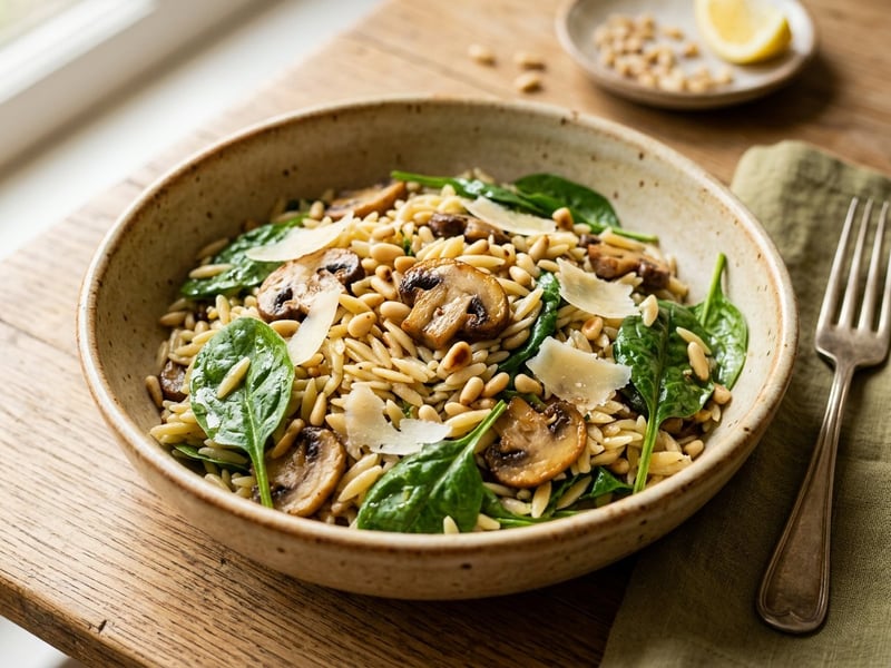 Salată caldă de orzo cu ciuperci rumenite