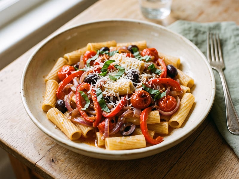 Rigatoni alla Peperonata | Clasic italian rapid cu ardei dulce și măsline
