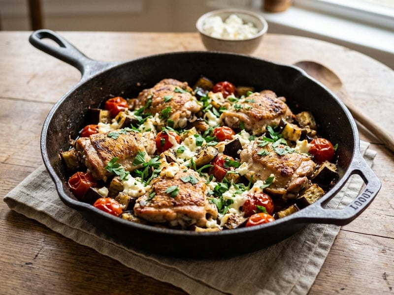 Greek Chicken Skillet with Eggplant and Feta | Quick Dinner
