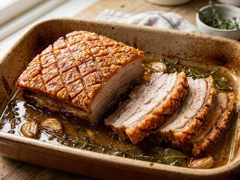 Oven-browned pork belly with white wine and garlic