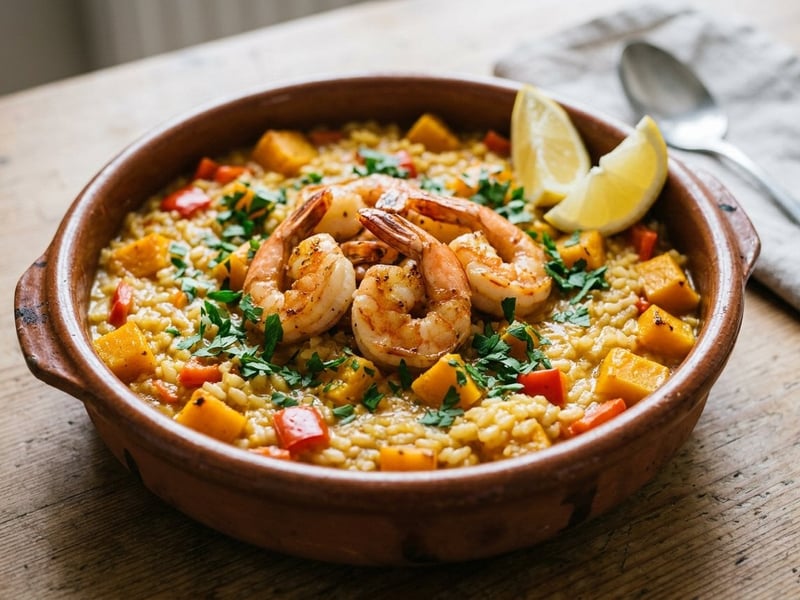 Arroz meloso with shrimp and butternut squash | Juicy Spanish rice