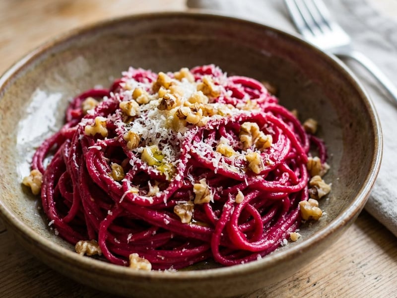 Spaghete cu cremă de sfeclă roșie și nuci crocante | Aromă italiană