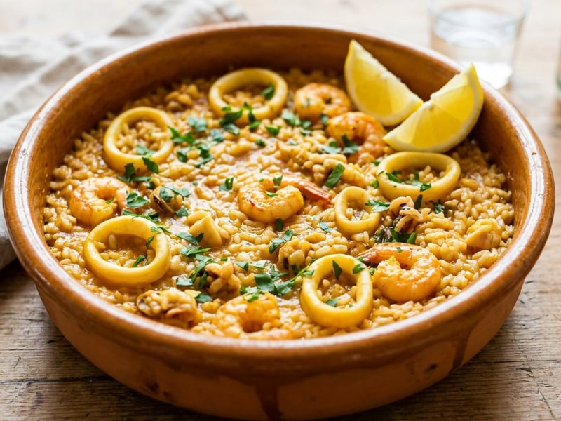 Arroz meloso with squid and prawns | Juicy Spanish seafood rice