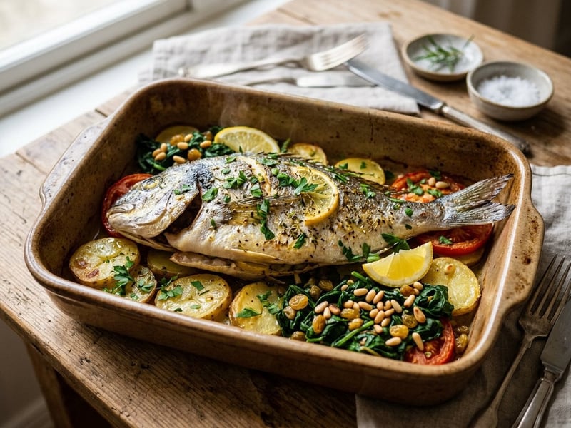 Dorada a la Mallorquina | Baked Sea Bream with Spinach and Raisins