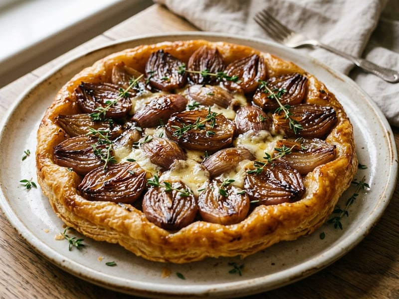 Tartă Tatin cu brânză Brie și eșalote | Gust franțuzesc