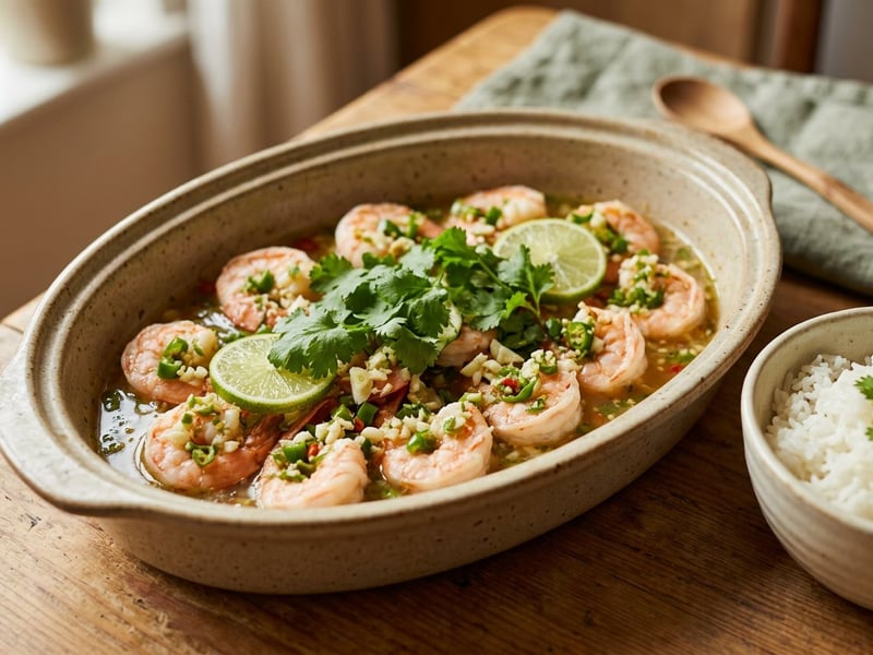Goong Neung Manao | Creveți thailandezi la abur cu lime și usturoi