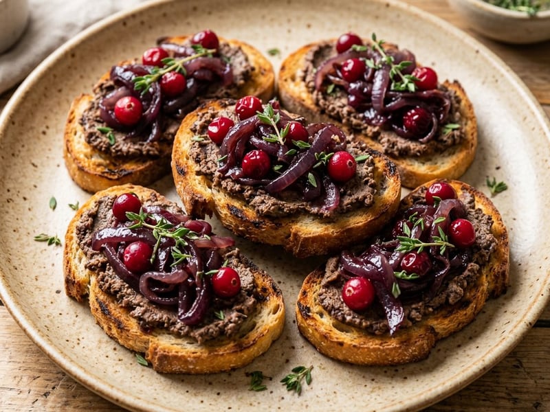 Crostini with venison pâté, caramelized onion and cranberries