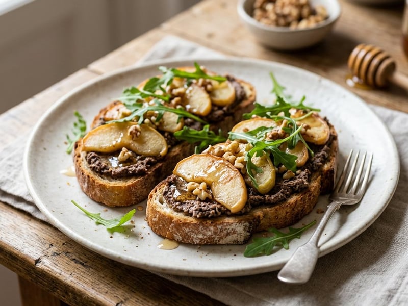 Wild boar pâté tartines with apple and walnuts