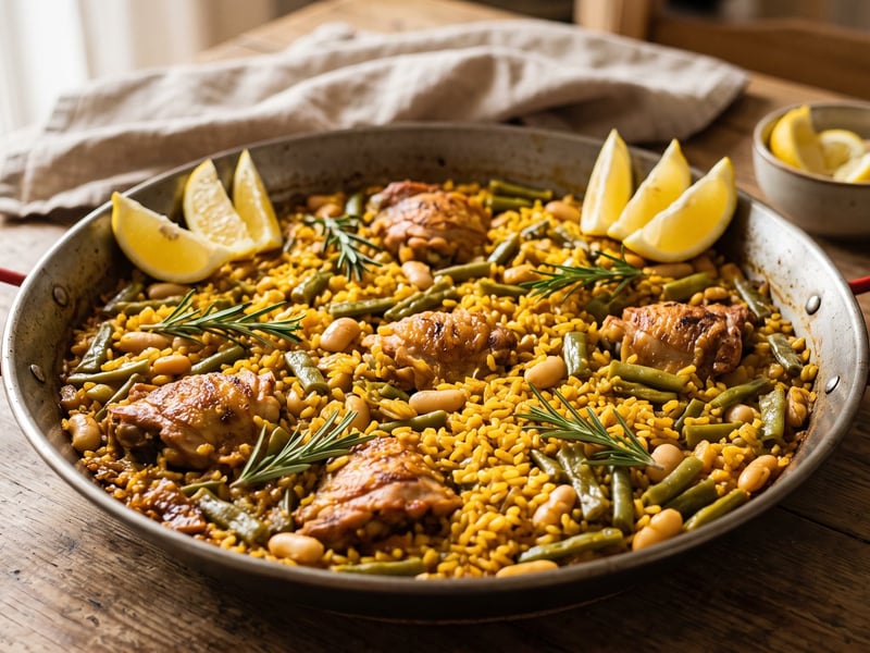 Traditional Valencian Paella with Chicken and Rosemary