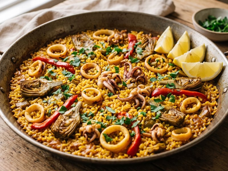 Arroz con calamar y alcachofas | Orez spaniol cu calamar și anghinare