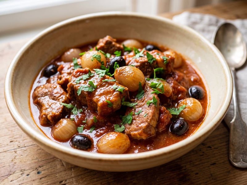 Pork Stew with Pearl Onions and Olives | Tradition and Flavor