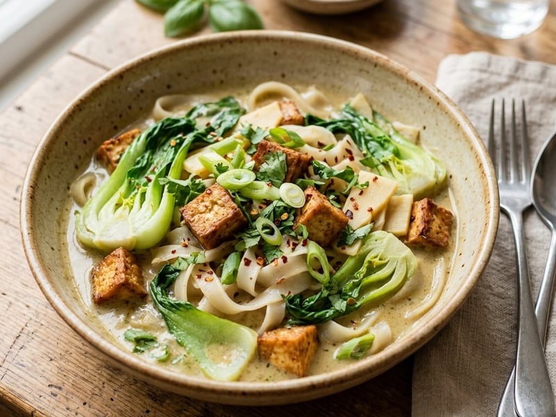 Curry verde thailandez cu fidea de orez, tofu crocant și pak choi