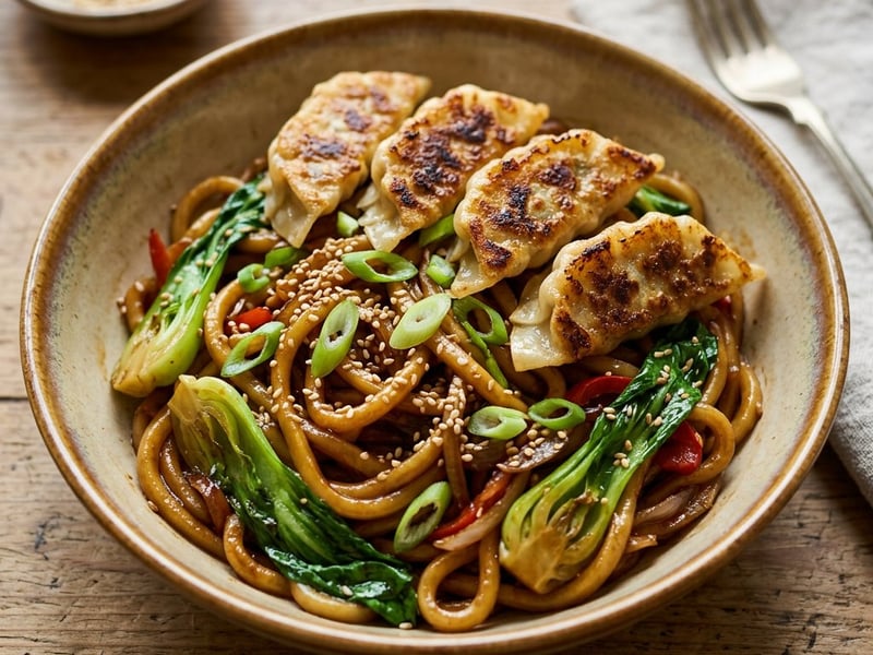 Tăiței udon la tigaie cu sos Yakisoba, pak choi și gyoza crocante