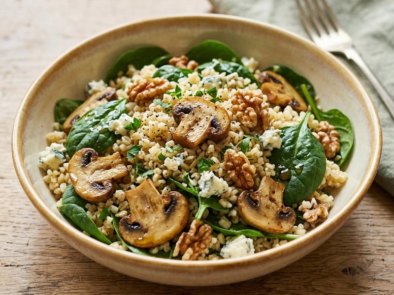 Salată toscană caldă de bulgur cu ciuperci rumenite și gorgonzola