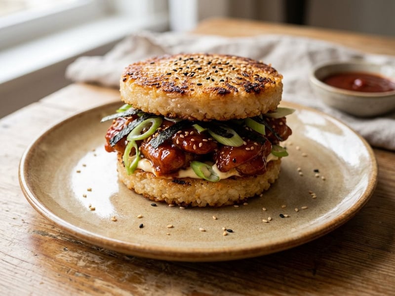 Bap Burger cu pui coreean | Burger crocant din orez