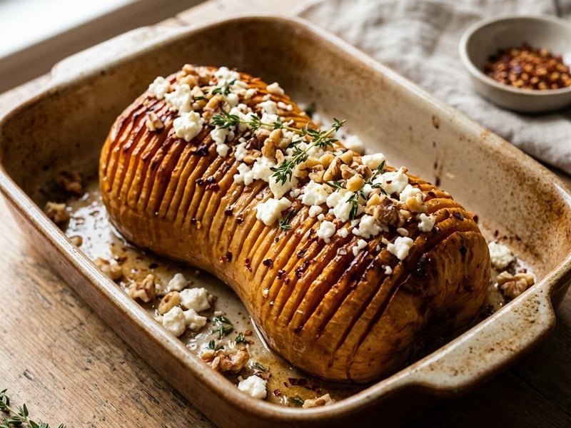 Baked Hasselback butternut squash with feta cheese and honey