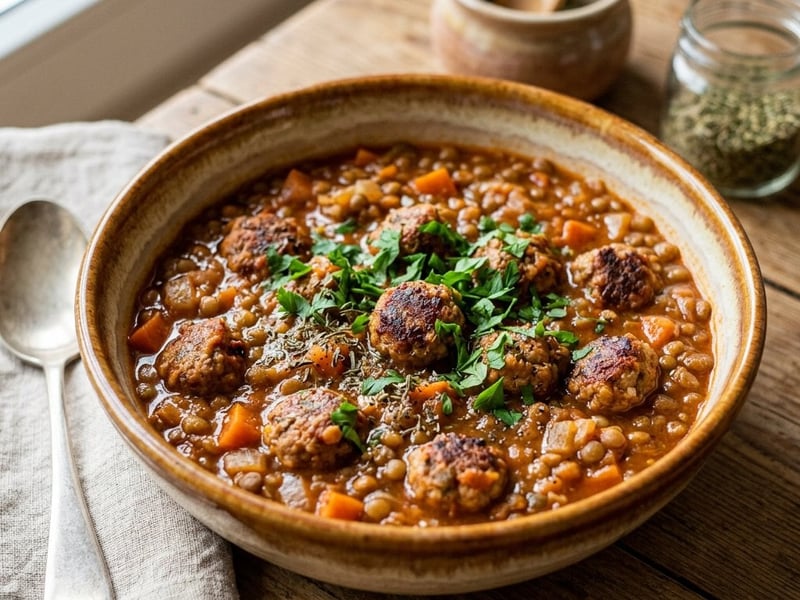 Lentil stew with pork meatballs