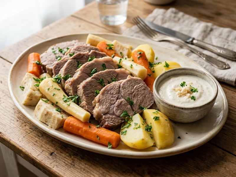 Rasol tradițional de porc cu legume și sos de hrean