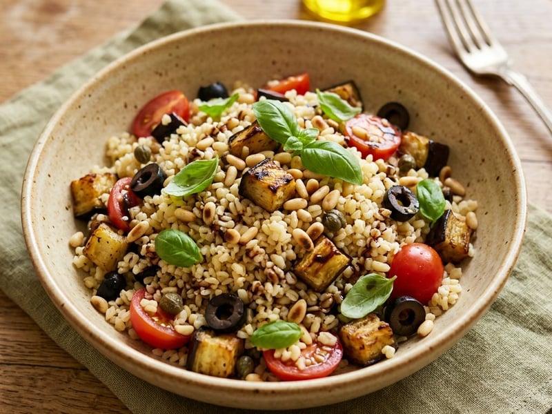 Sicilian bulgur salad with caramelized eggplant, capers and olives