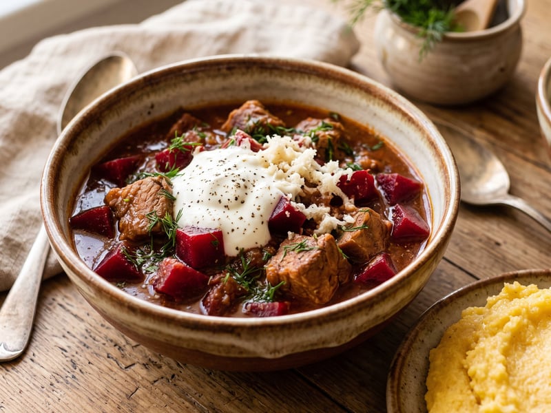 Bucovinian pork stew with beetroot and horseradish sauce