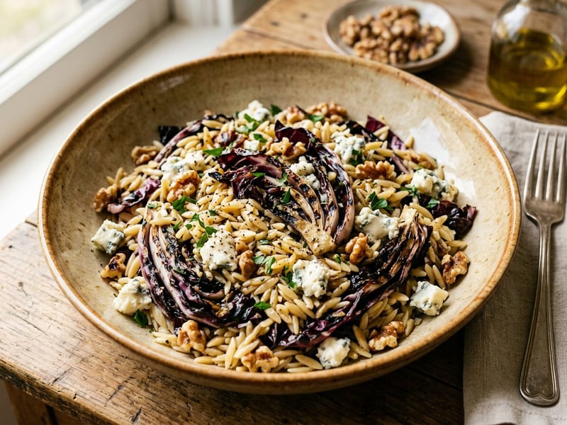 Salată toscană de orzo cu radicchio la grătar și gorgonzola