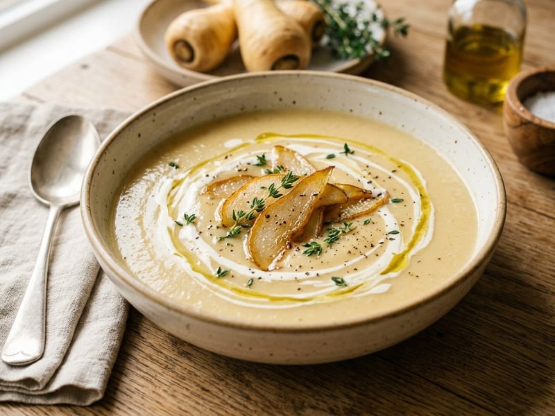 Supă cremă de păstârnac copt cu pere caramelizate | Rafinament de toamnă
