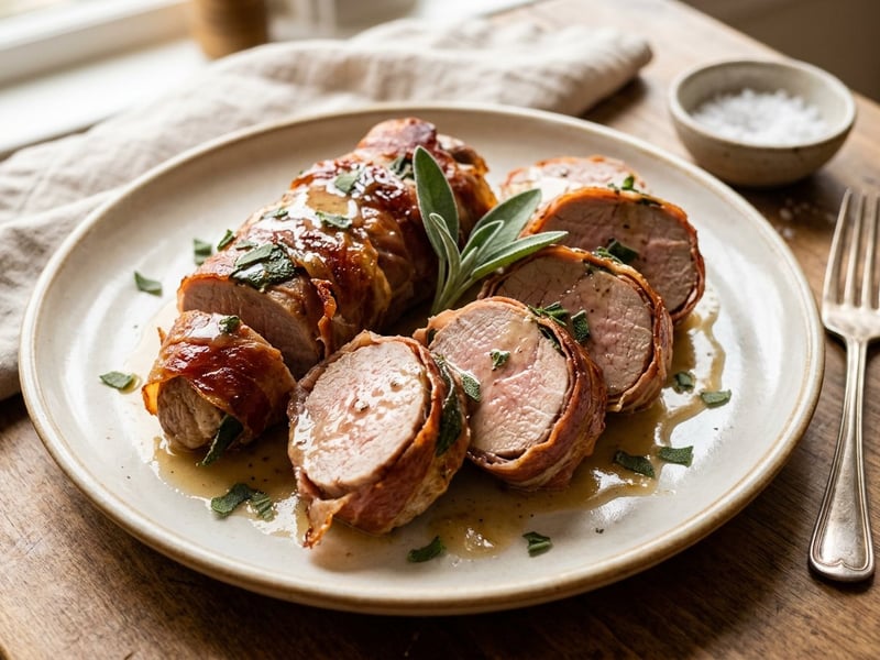 Mușchiuleț de porc învelit în prosciutto la cuptor cu salvie și vin alb