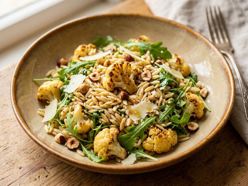 Warm orzo salad with roasted cauliflower and hazelnuts