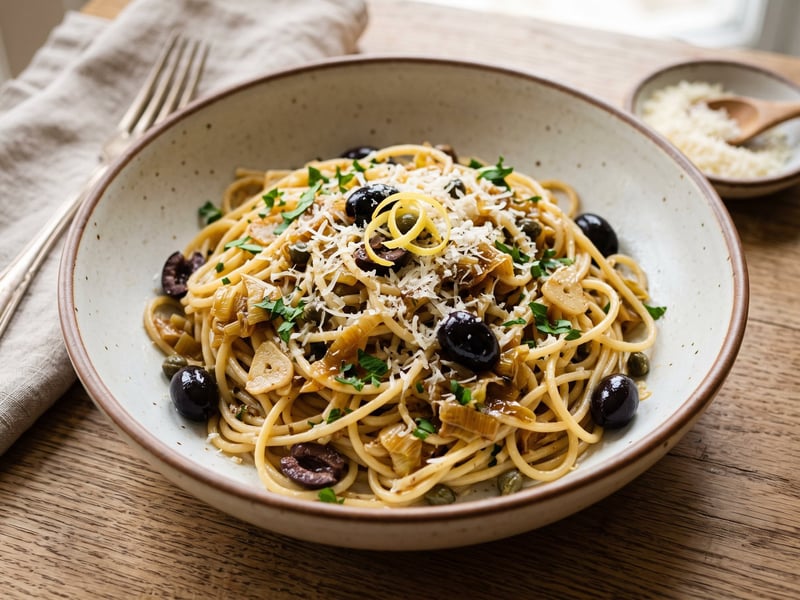Spaghete cu praz caramelizat, măsline și capere