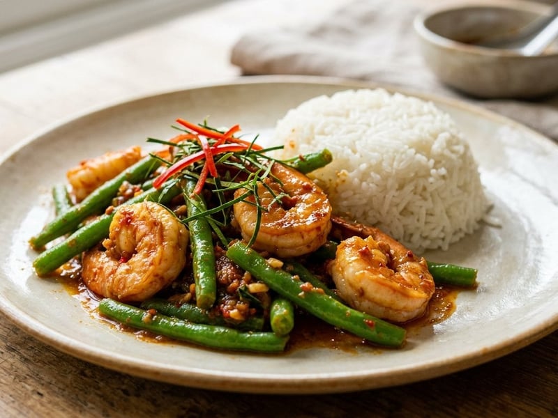 Pad Prik Khing cu creveți | Wok thailandez aromat cu fasole verde