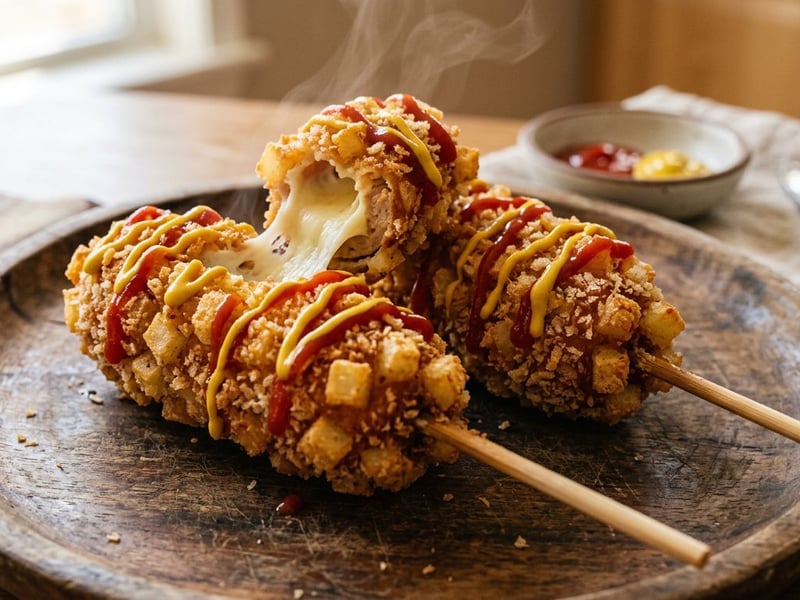 Gamja Hot Dog cu pui și mozzarella | Street food coreean crocant