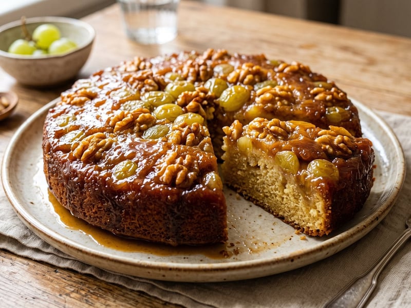 Upside-down cake with grapes and caramelized walnuts